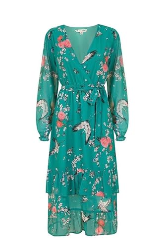 Yumi Green Floral Crane Print Long Sleeve Wrap Midi Dress, Tiered Ruffle Hem, 123cm Length (UK, Numeric, 10, Regular, Regular, Green)