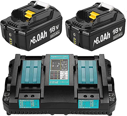 Amélioré【Haute capacité 18V 6.0A】2X batterie de rechange pour Makita + chargeur double port 6A DC18RD compatible BL1860B BL1860 BL1850B BL1850 BL1840 BL1840B BL1830B BL1845 avec batterie à outils LED Cover