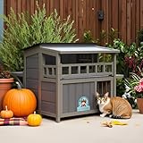 Outdoor Cat House, 2-Tier Warm Wood Cat Shelter with Sunlight Roof, Balcony, Jumping Platforms, Kitty Pet Porch Enclosure, Weatherproof, Openable, Gray