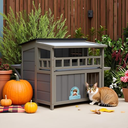 Outdoor Cat House, 2-Tier Warm Wood Cat Shelter with Sunlight Roof, Balcony, Jumping Platforms, Kitty Pet Porch Enclosure, Weatherproof, Openable, Gray