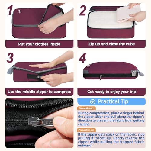 Image of BAGAIL 4 Set /6 Set /8 Set Compression Packing Cubes Travel Accessories Expandable Packing Organizers (Cloth Pattern, 4-Burgundy)