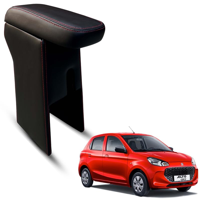 Image of Carigiri Premium Finish Car Armrest with Storage Box And High Density Moulded Foam For Alto K10 (Models-2021-2025) (Red Seam,Nappa Leatherette)