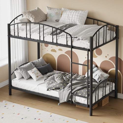 Garvee Bunk Bed Twin Over Twin with Ladder and Arched Guardrail, Heavy Duty Bunkbeds Frame with Sturdy Steel Slats Support for Kids Boys Girls, Space-Saving, No Box Spring Needed, Black