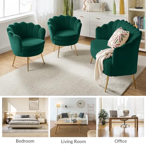 Image of HULALA HOME 3 Piece Velvet Living Room Furniture Set, Including Loveseat & 2 Sofa Chairs, Modern Comfy Upholstered 2-Seater Sofa & Accent Chair Set for Bedroom, Flower Shaped Back & Gold Legs, Green