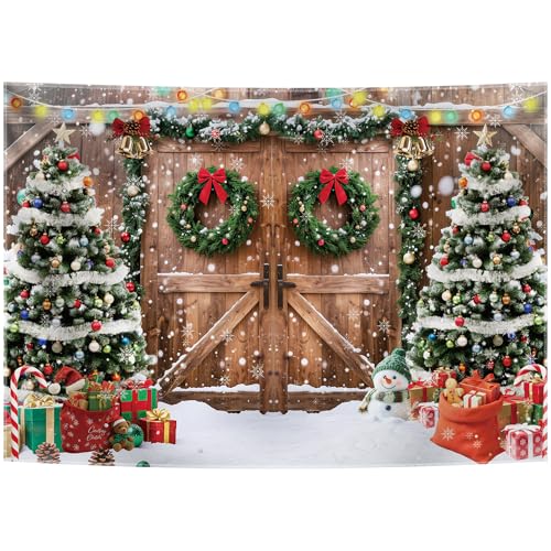 10x8ft Rustic Barn Wood Door Christmas Backdrop with Snowy Tree