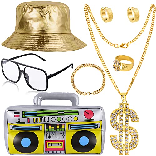 YAROMO 80s/90s Hip Hop Costume Kit, 7 Pack 80s 90s Party Supplies Decorations with Dollar Sign (Gold)