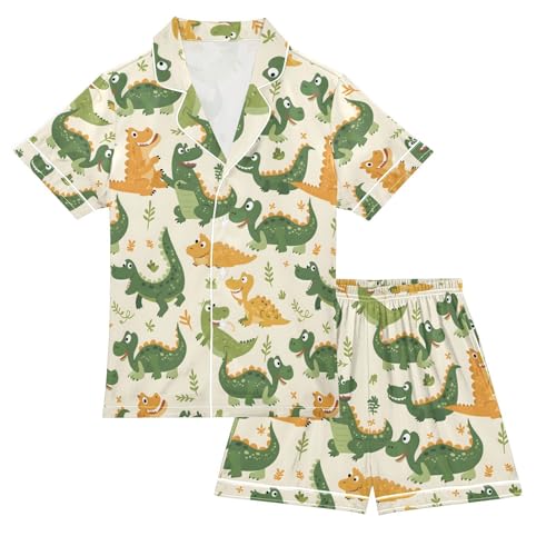ALAZA Cartoon Green Crocodile Leaf Pajamas Satin Pajama Set Short Sleeve Button Down Sleepwear