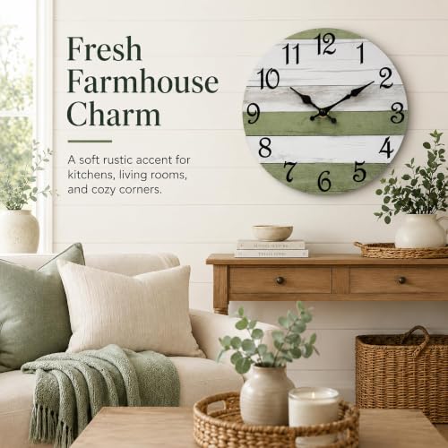 Image of CHYLIN Wall Clock Silent Non-Ticking Battery Operated Green White Striped
