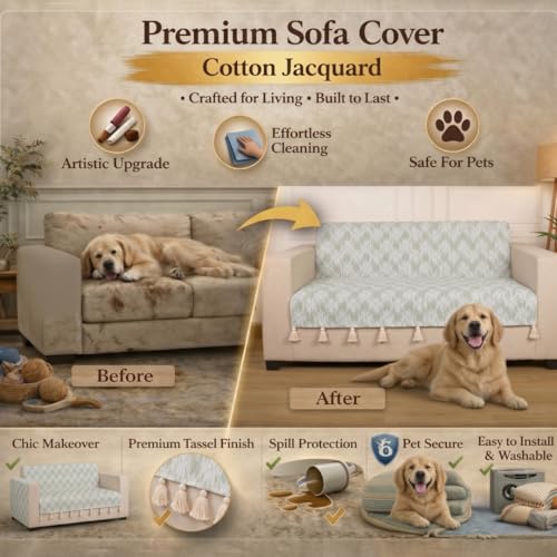 Image of STITCHNEST 'Verdant Ikat Stories' 3 Seater Sofa Cover - Full Coverage| Elegant Jacquard Fabric, Decorative Tassels, Washable & Durable for Modern Living