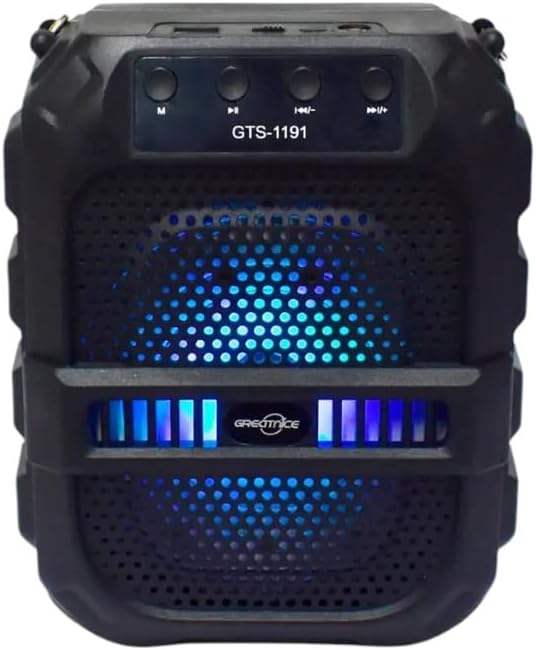 Front view of the GTS-1191 speaker with control panel and blue LED lights