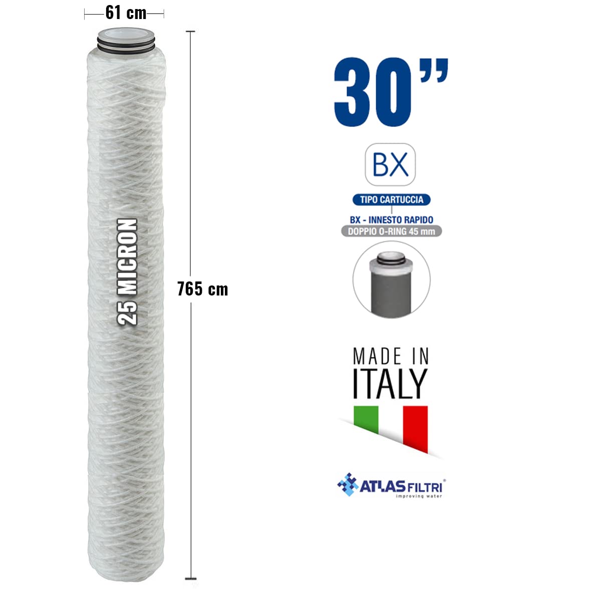 AcquaHOME® KIT 3 FILTRI FA 30" BX 25 MCR CARTUCCIA FILO AVVOLTO PER FILTRARE I SEDIMENTI DELL'ACQUA - ATLAS FILTRI, FILO AVVOLTO BX