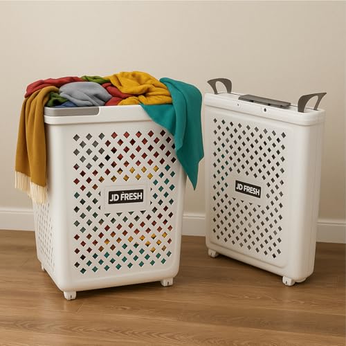 Image of JD FRESH Large 45 Liters Foldable Laundry Basket /Multipurpose Laundry Bag for Clothes with Wheels and Integrated Handles /Movable Plastic Clothes Basket /Laundry Bucket for Home & Laundry Room - (White)