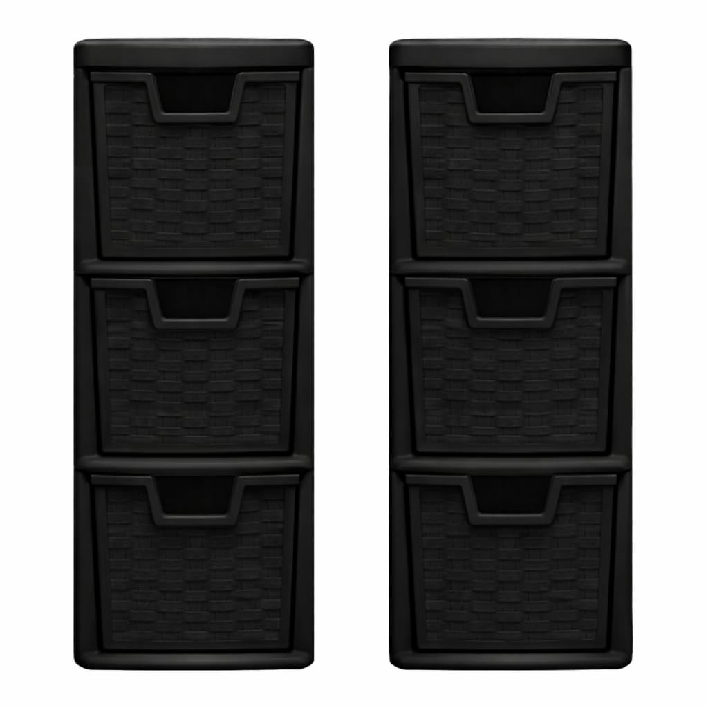Muddy Hands Black Set Of 2 Small Plastic Rattan Effect 3 Drawer Storage Units – Desktop & Tabletop Organiser For Home Office, Bathroom & Bedroom – Compact Mini Storage Tower (Black)
