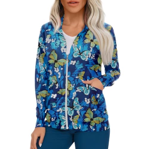 Scrub Jackets for Woman Zip Up Long Sleeve Tops Print Plus Size Womens Scrubs for Women Nursing Shirts with Pockets