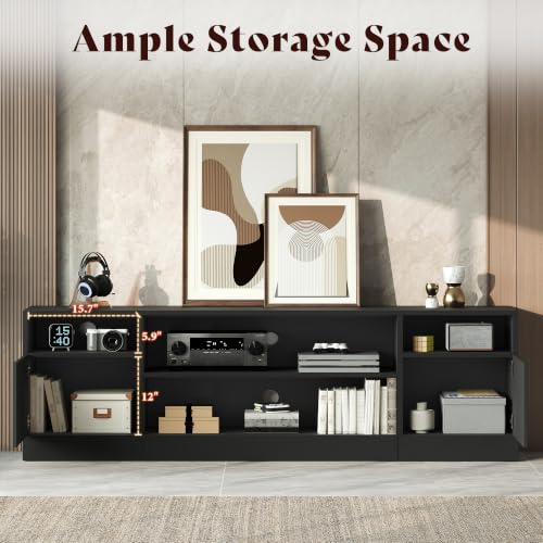 Image of AMERLIFE 70 inch LED TV Stand for TVs up to 80 inch, Modern Entertainment Center with Storage Cabinets & Open Shelves, High-Gloss TV Console for Living Room, Bedroom, Black