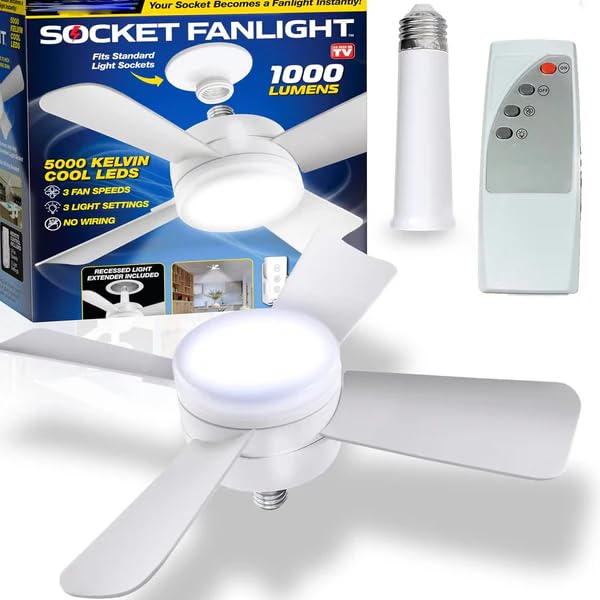 Image of Socket Fan Light, Portable Ceiling Fan with LED Light, B22 Plug & Play, 1000 Lumens 5000K Cool White for Bedroom, Kitchen, Living Room, Office