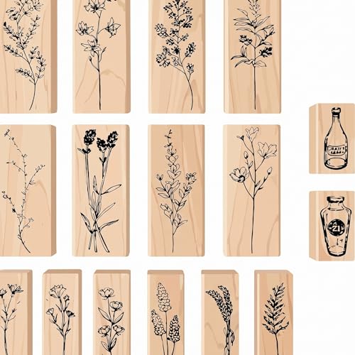 Zonon 16 Pcs Wood Rubber Stamps Set, Vintage Plant and Flower Decorative Wall Stamps for Painting Crafting Cards, Diary Journal Art, DIY Scrapbooking, Gift Wrapping