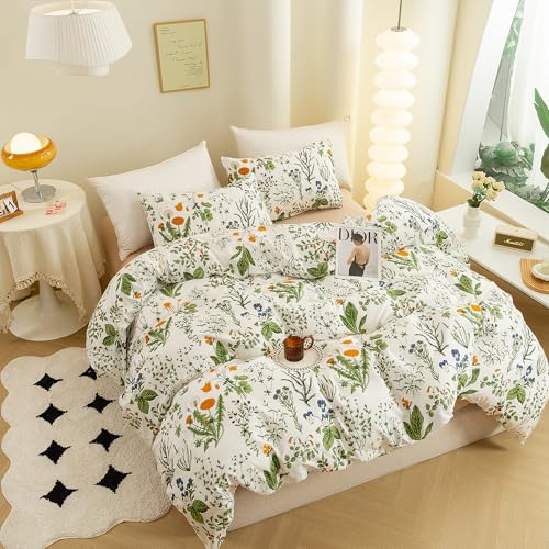 ECOCOTT 3 Pieces Floral Duvet Cover Sets King Size,100% Natural Cotton Floral Pattern 1 Duvet Cover with Zipper and 2 Pillowcases, Ultra Soft and Easy Care Breathable Cozy Simple Style Bedding Set