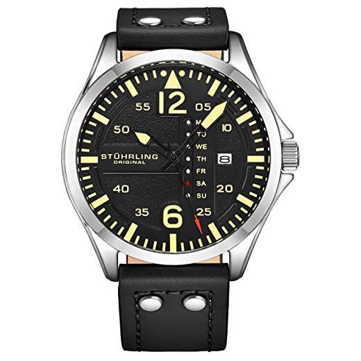 Stuhrling Original Reloj de cuero para hombre, reloj de aviación, correa de cuero de ajuste rápido con remaches de acero,, Negro -, Contemporáneo