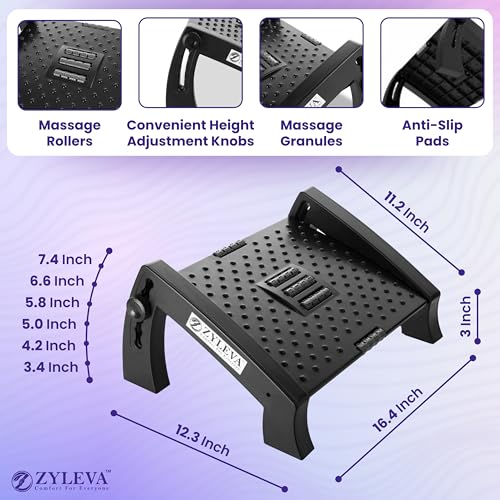 Image of Adjustable Foot Rest Under Table | Ergonomic Footrest for Office Desk with 6 Height Levels, Massage Surface with Roller | Non-Slip Base Leg Rest | Foot Rest for Office Chair, Home, and Sofa | Foot Rest stool