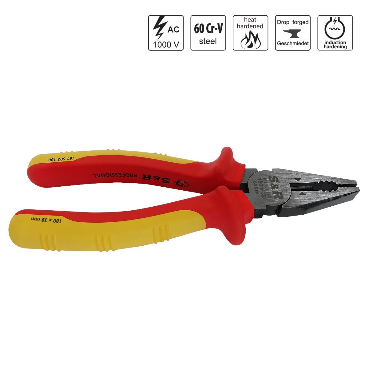 S&R Pinza da Elettricista Universale 180 mm VDE 1000V – Acciaio Cr-V Forgiato | Pinza Combinata Professionale per Fili Medi Ø3,6 mm e Rigidi Ø2,4 mm | Impugnatura Ergonomica Antiscivolo