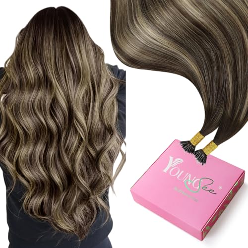 Image of YoungSee Brown Nano Hair Extensions Real Human Hair Balayage Nano Ring Hair Extensions Balayage Dark Brown with Ash Blonde Nanobead Hair Extension Ombre for Job Interviews 22 Inch 1g /strands 50g