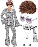 70s Women's Disco Costume Set Lady Disco Party Top Pants Sunglasses Disco Ball Necklace Earring Explosive Wig(Small)
