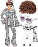 Jexine Halloween 70s Women's Disco Costume Set Lady Disco Party Top Pants Sunglasses Ball Necklace Earring Explosive Wig (Vivid Style,Large)