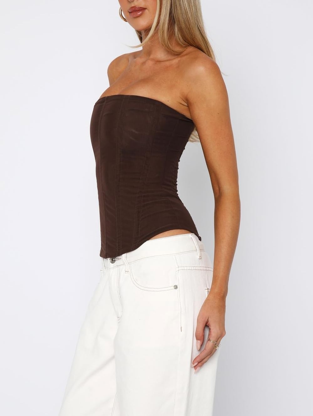 Faretumiya Women Floral Lace Corset Top Strapless Lace Up Bustier Tube Top Mesh Boned Corset Overbust Tops - Image 5