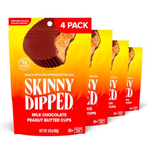SkinnyDipped Milk Chocolate Peanut Butter Cups, 4g Sugar, Low Sugar, Low Carb, Gluten Free, 3.2oz Bag, 4 Pack (24 Cups Total)