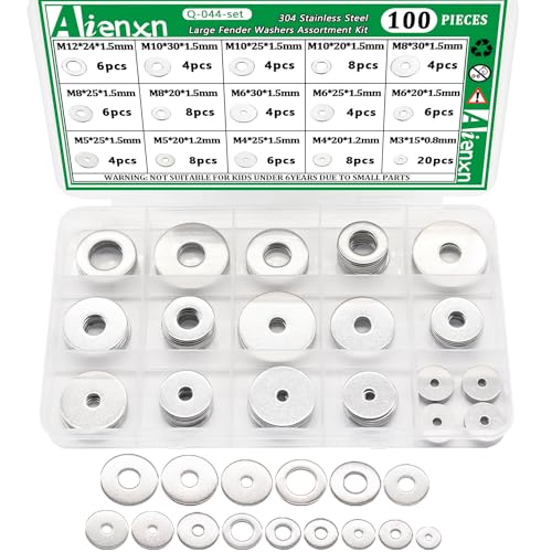 Aienxn Q-044-SET 100Pcs 304 Stainless Steel Fender Washer Assortment Kit cover