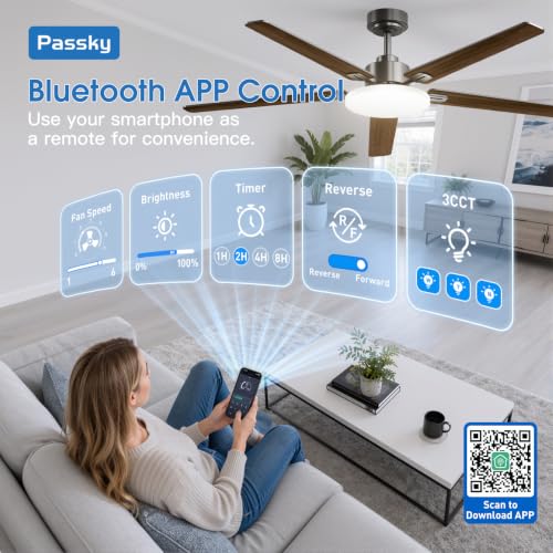 Image of Passky 60 Inch Black Sleek Ceiling Fans with Lights, Remote Control | 3-color dimmable light, quiet reversible DC motor, easy install, memory, Timer, APP, bedroom, covered outdoor areas