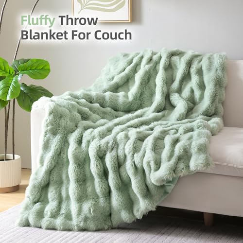 Smoofy Faux Fur Throw Blanket for Couch – Sage Fluffy Cozy Rabbit Fleece, Plush Soft Bubble Blanket for Sofa & Bed, for Mom, Warm Fuzzy Home Room Decor Throw 50" x 60"