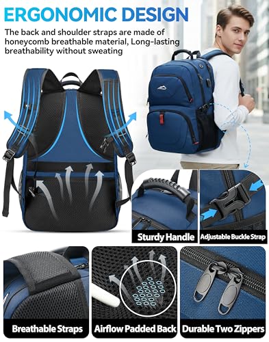 ProEtrade Travel Backpack, Extra Large Laptop Backpack Business Anti Theft TSA Approved College Work Computer Bag Fits 17 Inch Laptop with USB Charging Port for Women Men(Blue) - Image 6