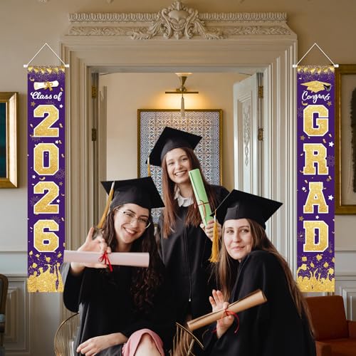 Image of 2026 Graduation Party Decorations - Purple Gold Class of 2026 Congrats Grad Porch Sign Banner Hanging Flag Graduation Party Supplies for School College Classroom Decor