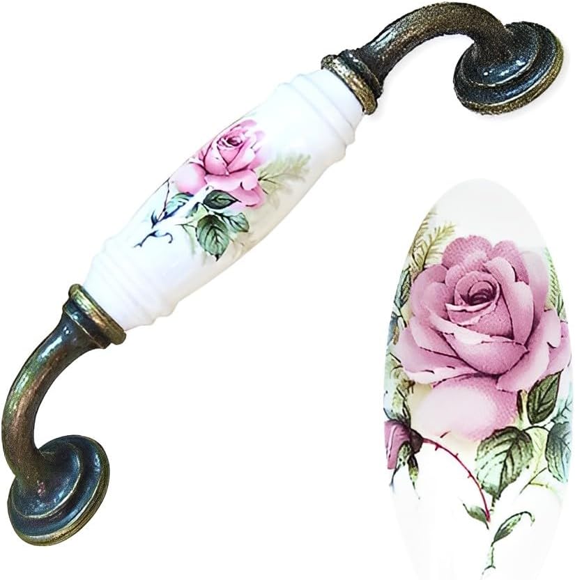 Vintage 128mm Ceramic Flower Roses Handle Knobs Cabinet Drawer Pulls, Pack of 4 (White)