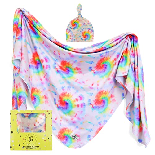 Image of LUBELLA SUPPLY COMPANY Stretchy Swaddle Blankets for Baby Boy & Girl - Newborn Swaddles 0-3 Month - Large 47" Bamboo Swaddle Blankets and Hat Set (Tie Dye)