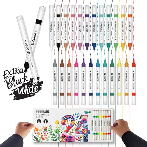 Innmuse 24-Color Dual Tip Acrylic Markers Includes Extra White & Black 0.7mm Extra Fine Brush Tip Non-Toxic Odorless Permanent Paint Markers for Rock Fabric DIY Art & Craft Supplies