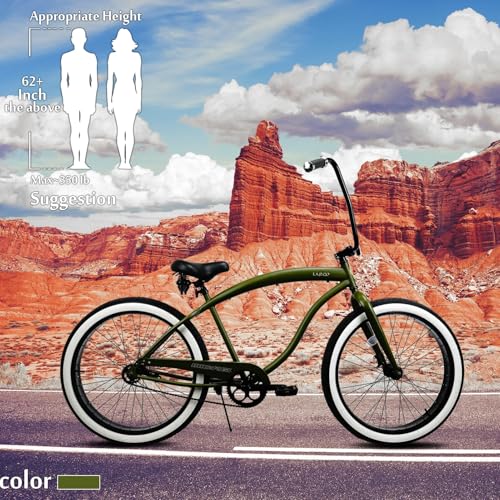 Bicicleta cruiser playera de 26 pulgadas, 1 velocidad, manillar elevado, bielas de tres piezas, llanta ancha de 26x4.0 pulgadas, para adultos, color verde mate miniatura 7