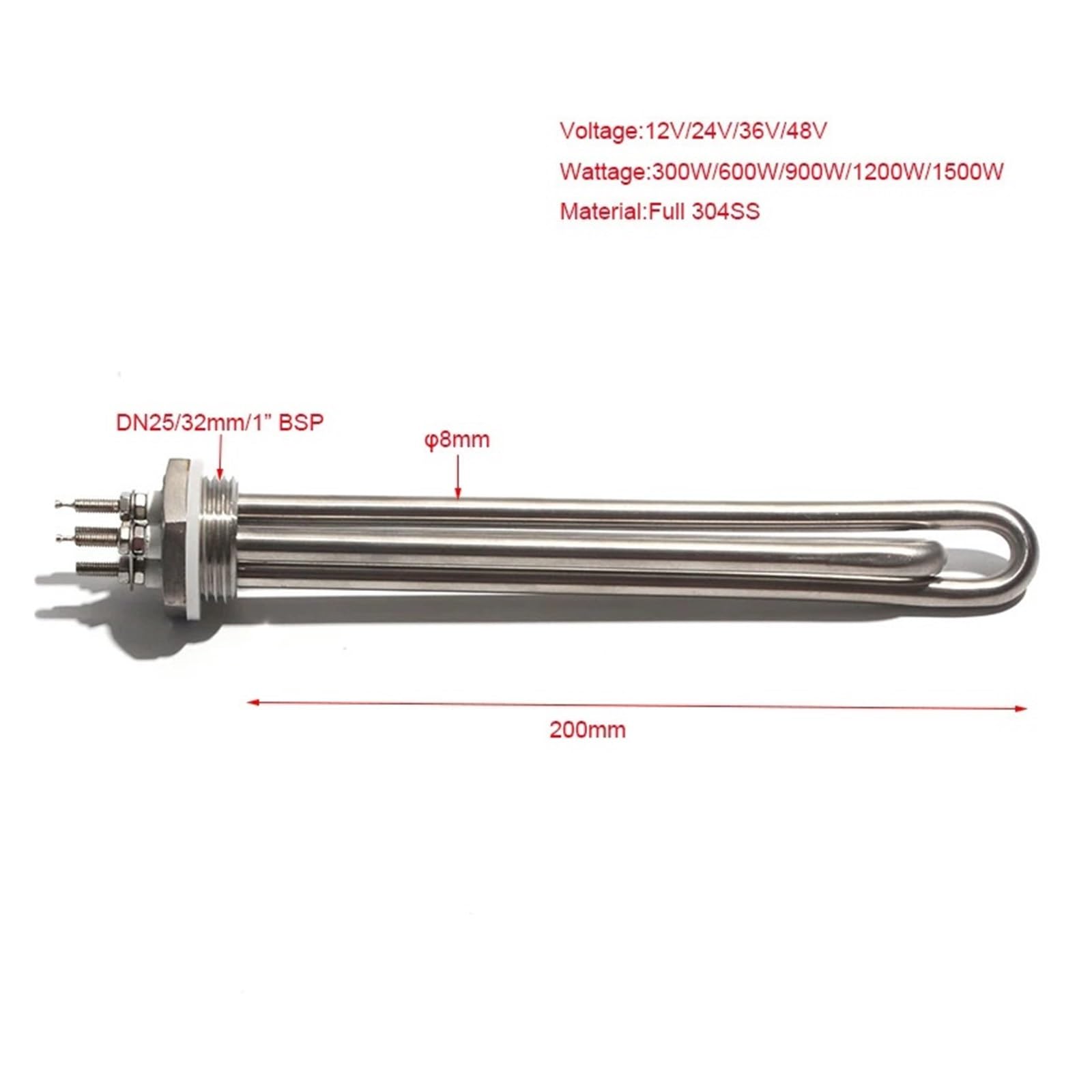 zanurzenie w wodzie element grzejny Opór słoneczny zanurzenia w wodzie, 1-calowy gwint BSP/NPT, rury 2U, fazy, stal nierdzewna 304.(BSP,24V_600W 200MML 304SS)