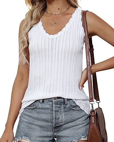 Cowasto Women Knit Tank Ribbed Scallop Trim Sleeveless Tops Cute Summer Tank Sweater Eyelet Camisole White M