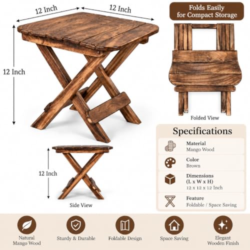 Image of Wooden Foldable Coffee Table for Living Room, Bedroom and Hallway, Brown, 12 Inches