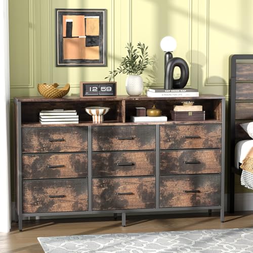 Bonnlo Kommode mit Schubladen, Sideboard, 9 Schubladen mit Antirutschsicherung, 6 Schwarze Metallgriffe, modern, Vintage-Farbe-Kommode, 140x30x87 cm