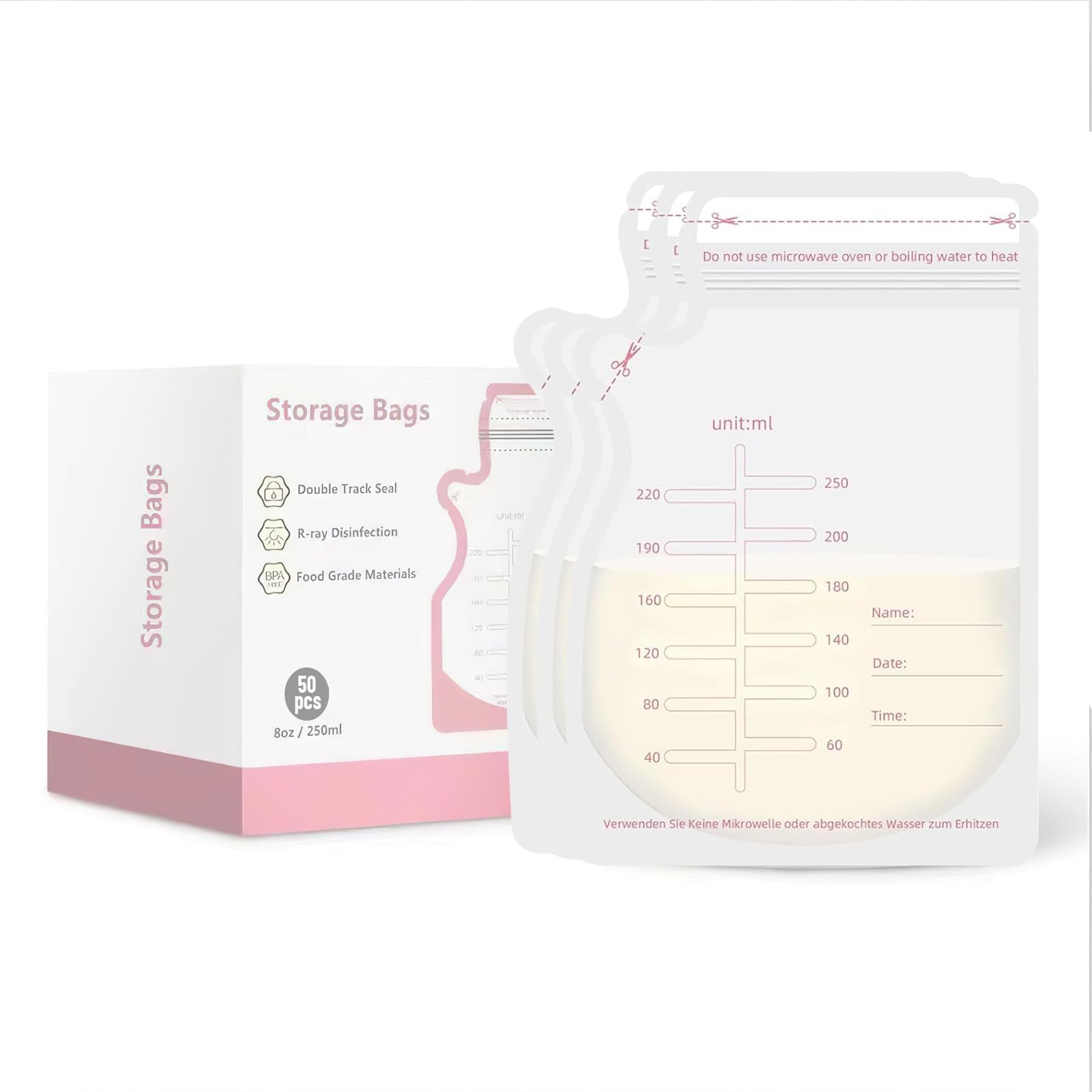 Bizcasa 50 Stück Muttermilchbeutel, 250ml BPA-frei Muttermilch-Aufbewahrungsbeutel mit Ausgießer für das Stillen, Kann Eingefroren Werden, Auslaufsicher (50 Stück Muttermilchbeutel - 250ml)