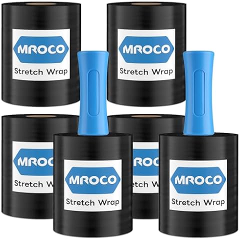 MROCO Stretch Wrap Film 5" x 1000ft with 2 Handles, 6 Rolls 80 Gauge Plastic Shrink Wrap for Moving Furniture & Pallet Wrap, Industrial Mini Black Heavy Duty Shrink Film Roll for Moving & Storage Cover