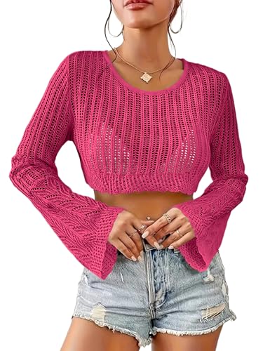 Image of Women Crochet Sweater Lightweight Cropped Summer Tops Long Sleeve Hollow Out Knit Cover Up