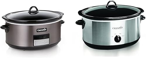 Crock-Pot Olla de cocción lenta programable grande de 8 cuartos con ajuste de calentamiento automático y libro de cocina, acero inoxidable negro y