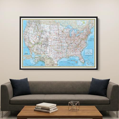 Image of National Geographic Classic USA Map with Pins - Personalized United States Travel Map Canvas - Extra Large Framed Wall Decor - Black Float Frame - 34 inch x 51 inch