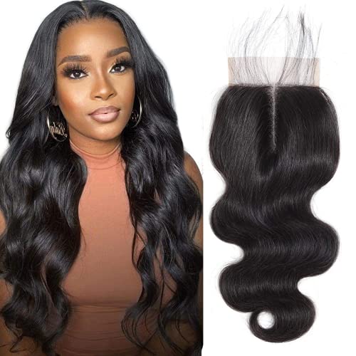 Boby Wave 4X4 Middle T Part Lace Closure New Brazilian 12A Virgin Human Hair 4X1 Hand-Tied Lace Closure with Baby Hair Natural Color (10