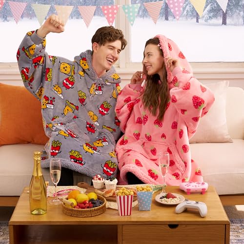 Image of Giggling Getup Wearable Blanket Hoodie for Adults Gifts for Teen Girls Sister Women Sherpa Fleece Printed Hooded Blanket Sweatshirt Warm Cozy with Pocket & Sleeves Strawberry